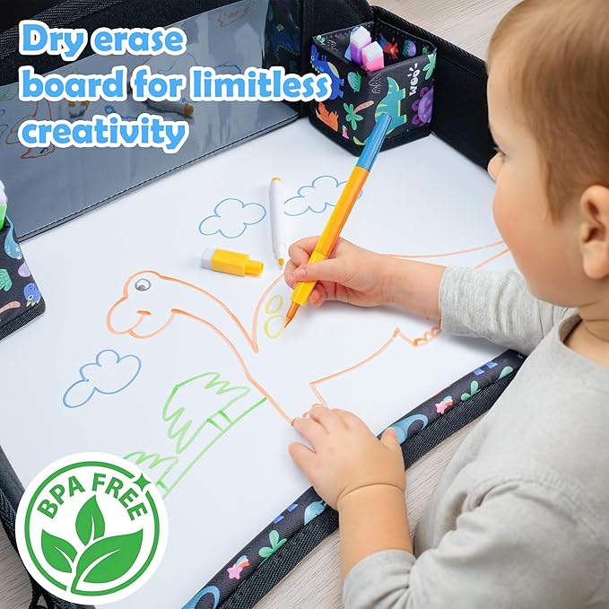 Kids Travel Tray for Toddler Carseat, Road Trip Activities Essentials for Toddler, Kids Travel Lap Desk Tray with Holder Stand ＆ Dry Erase Board (Dinosaur)