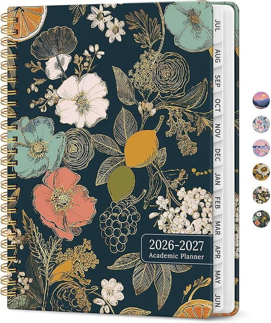 Planner 2026–2027, Academic Monthly Weekly Spiral Calendar, July 2026 – June 2027, Hardcover Agenda Notebook with Tabs, 6.3" x 8.5", Perfect for Students, Teachers, School & Daily Planning - Citrus Bloom