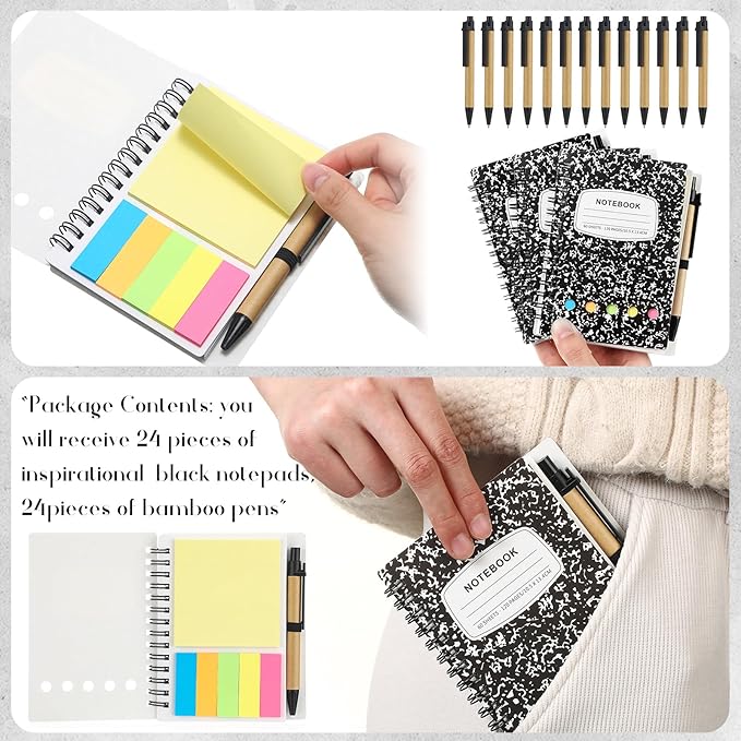 Dunzoom 24 Sets Spiral Notebook Bulk, Steno Pads Lined Notepad with Pen, Sticky Notes Colored Index Tabs, 5.2" x 4.1" Pocket Notebook for Home Business Office Supplies, 60 Sheets (Black)
