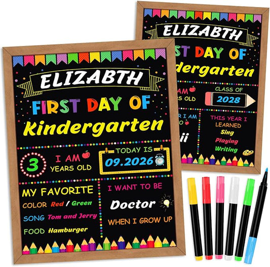 First & Last Day of School Signs with 6 Colorful Markers, 11 x 14 Inch Double Sided Back to School Board for Kids, Girls, Boys, Reusable Wooden 1st Day Chalkboard Sign of Preschool/Kindergarten
