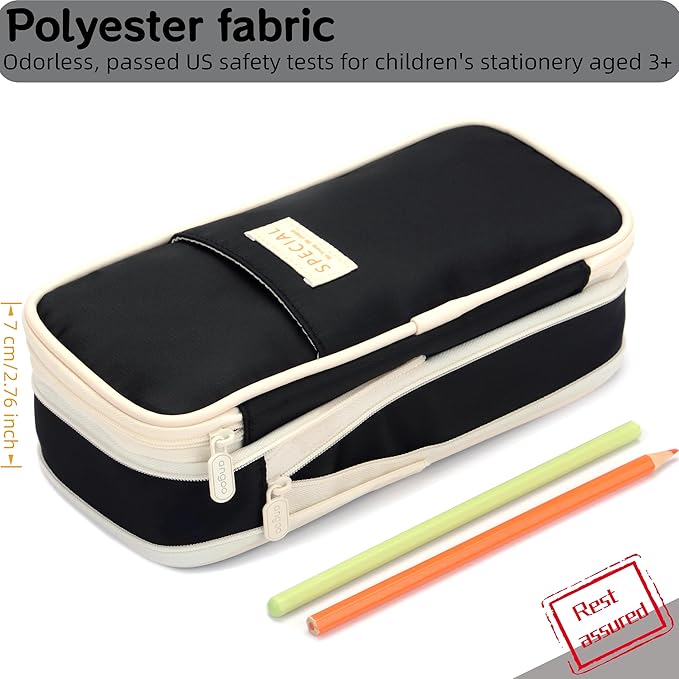 Large Capacity Big Special Cute Aesthetic Preppy Canvas Pencil Case Organizer Holder Pouch Bag with Zipper Compartments, Pen Cases for Women Girls School Adults (Black)