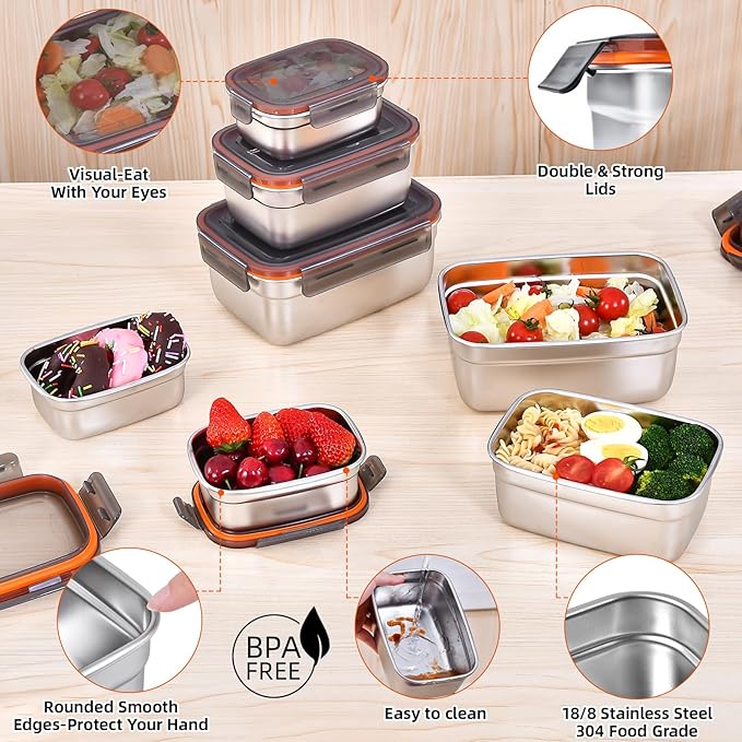 Stainless Steel Airtight Food Storage & Bento Lunch Box Set of 6 - Leakproof Seal, Dishwasher & Freezer Safe, Stackable, 3 Sizes (19.4/38.8/67oz) for Meal Prep, Work, Travel