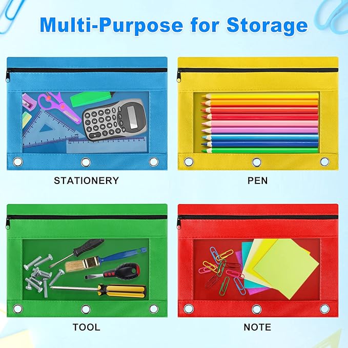Pencil Pouch for 3 Ring Binder, 72 Pack Bulk Pencil Bags with Zipper, 6 Colored Pencil Case for Classroom School Office Supplies, Large Sturdy and Durable Cloth Pencil Pocket for 3 Holder Binder