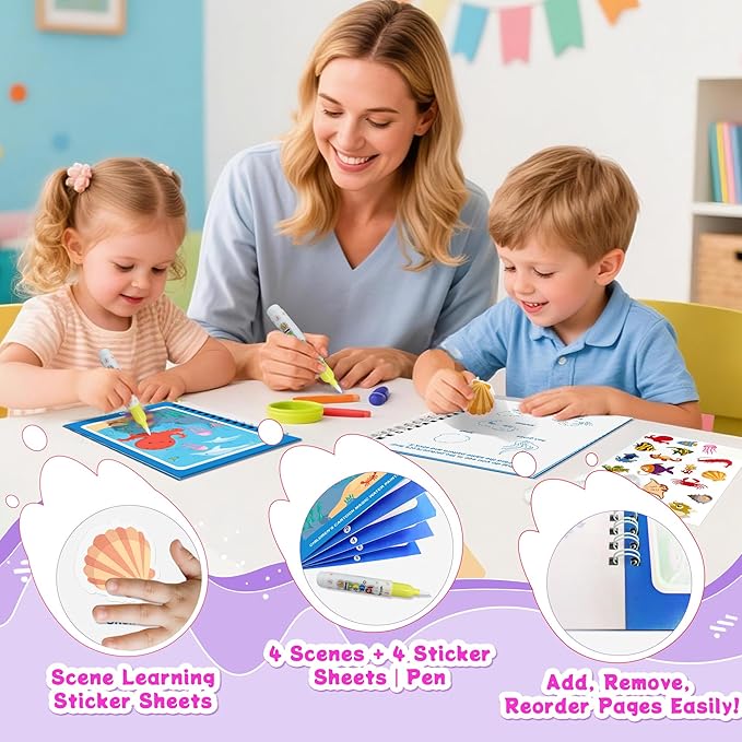 Reusable Water Coloring Books for Toddlers 1-3 with 18+ Stickers & No-Mess Pen, Sea World Theme Water Coloring Books for Toddlers 1-3, Magic Paintless Painting Book for Toddler，Paintless Painting Book