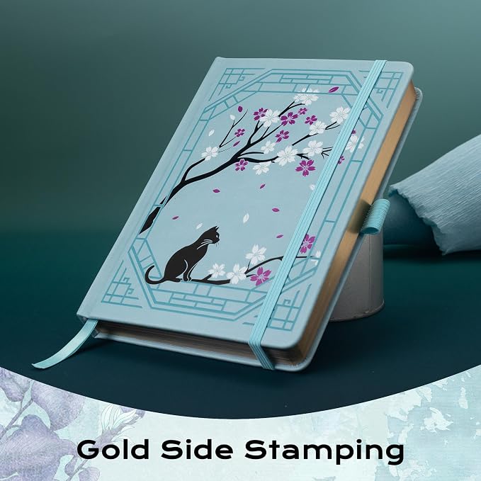 TIEFOSSI A5 Dotted Journal, Cute Cat Journal for Women Girls, Dot Notebook with Pretty Sakura Pattern, Aesthetic Diary for Writing Journaling Drawing, Golden Edges