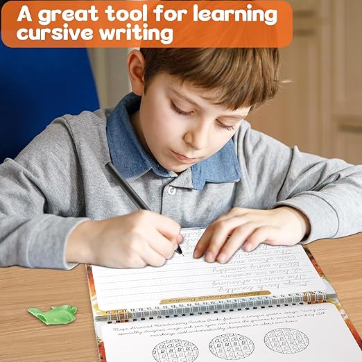 gisgfim Grooved Cursive Handwriting Workbook Magic Reusable Grooved Cursive Handwriting Practice Guided Tracing with Disappearing Ink Pens for Beginners Kids Learning Activities Supplies (Sentence)
