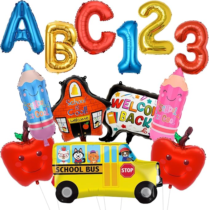 Back to School Balloons,Back to School Decorations,ABC 123 Foil Balloons | 13PCS Back to School Balloon with School Bus,Apples,Pencils, Welcome Balloon for Classroom, Kindergarten, First Day of School