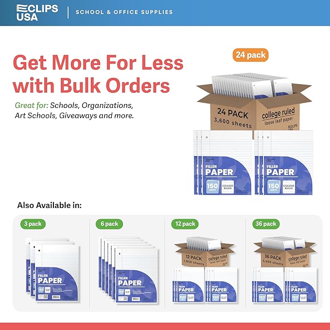 Loose Leaf Paper College Ruled Notebook Paper College Ruled Lined Writing Filler Paper 10.5” x 8” 3600 Sheets 150 Sheets Per Pack 60 gsm (24 Pack)