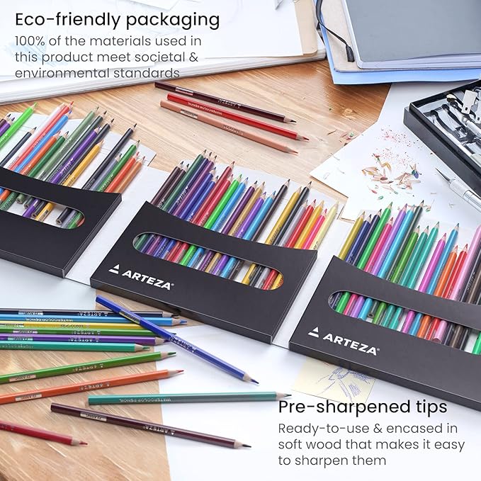 Arteza Watercolor Colored Pencils For Adult Coloring, 72 Colored Pencils in Assorted Shades, Triangular Shape, Drawing Pencils for Coloring Books and Canvas, Watercolor Brush Included, Art Supplies