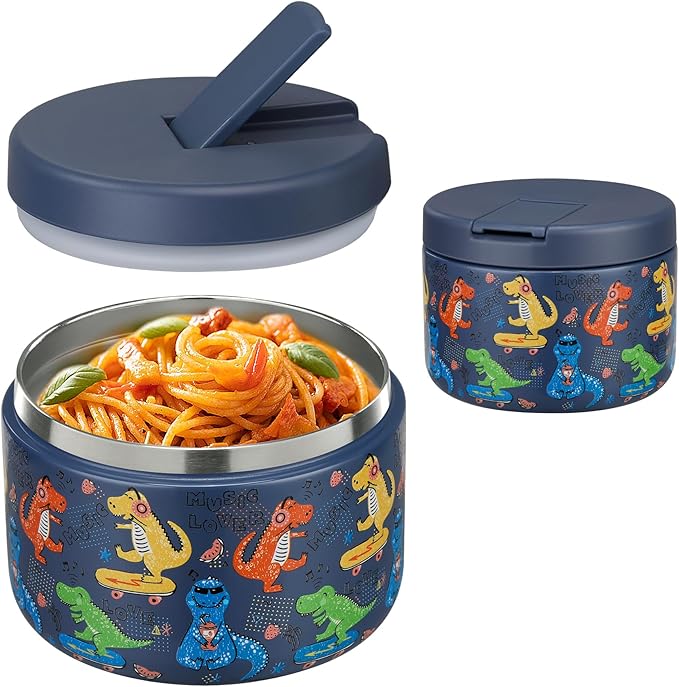 Pawtong 12oz Insulated Vacuum Food Jar with Buckle Lid Wide Mouth Soup Thermo for Hot Food Kids Leakproof Stainless Steel Lunch Container (Blue-Dinosaur)