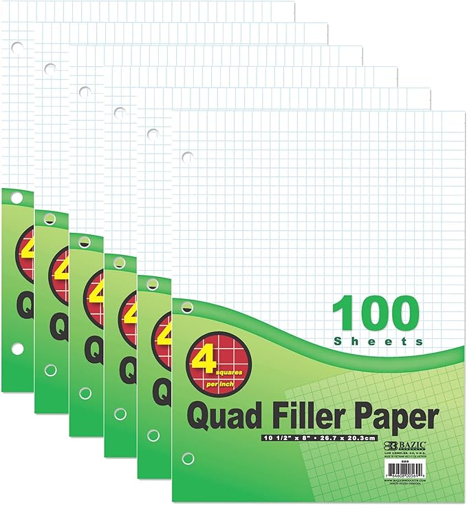 BAZIC Products Graph Paper Loose Leaf, 100 Sheets, 4 Squares Per Inch, 6-Pk