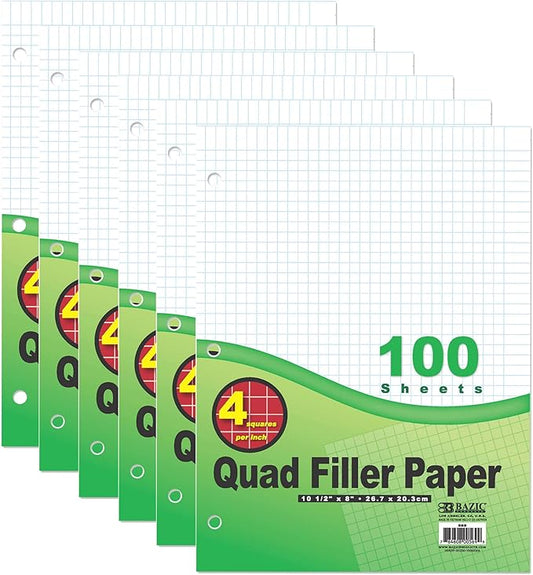 BAZIC Products Graph Paper Loose Leaf, 100 Sheets, 4 Squares Per Inch, 6-Pk