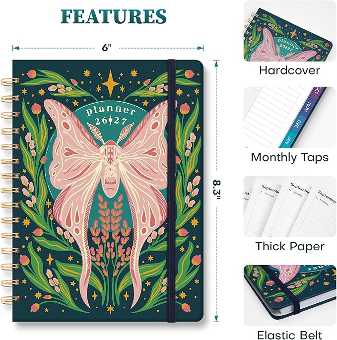Planner 2026-2027 Monthly and Weekly Academic Planner July 2026 - June 2027, Hardcover Calendar 2026-2027 Agenda Daily Planner for Student Teacher School Office Supplies, 6" x 8.3", Pink Butterfly