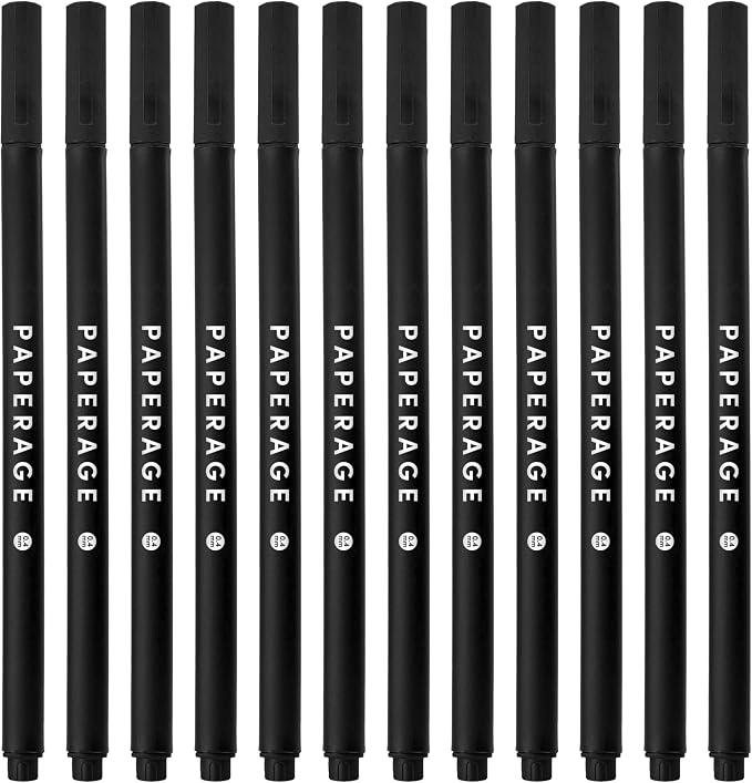 PAPERAGE Felt Tip Fine Point Pens (0.4mm), 12 Pack, Pens For Journaling, Notebooks, Planners, Calendars & Drawing, Great for School, Office, & Home (Black Ink)