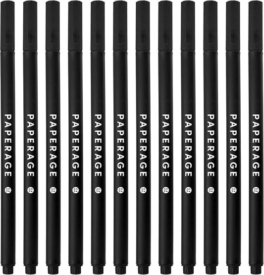 PAPERAGE Felt Tip Fine Point Pens (0.4mm), 12 Pack, Pens For Journaling, Notebooks, Planners, Calendars & Drawing, Great for School, Office, & Home (Black Ink)