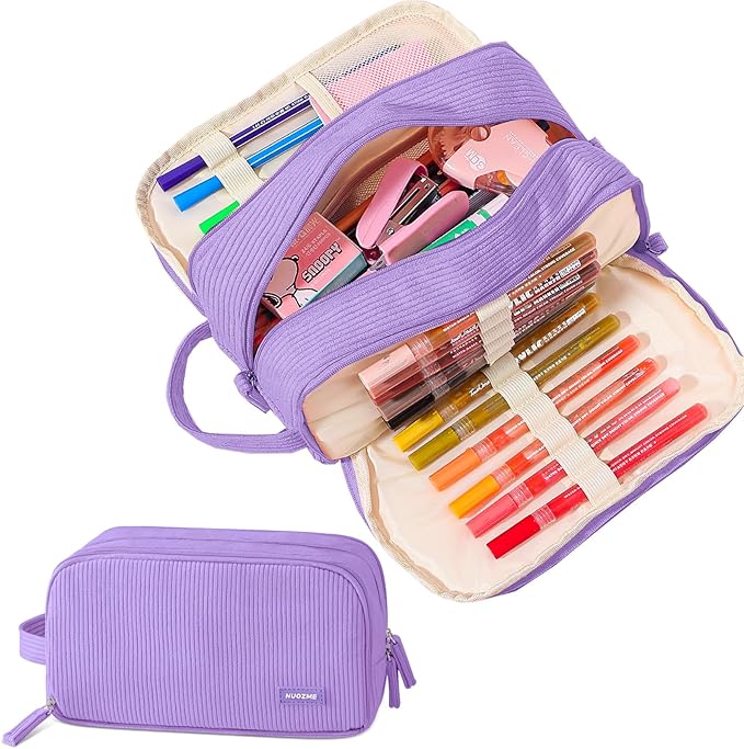 3 Compartment Pencil Case, Extra Large Capacity School Supplies Pencil bag with Easy Handle, Soft Corduroy Pencil Pouch, Aesthetic Supply Pen Case Bag Organizer For Teen Girls College (Purple)