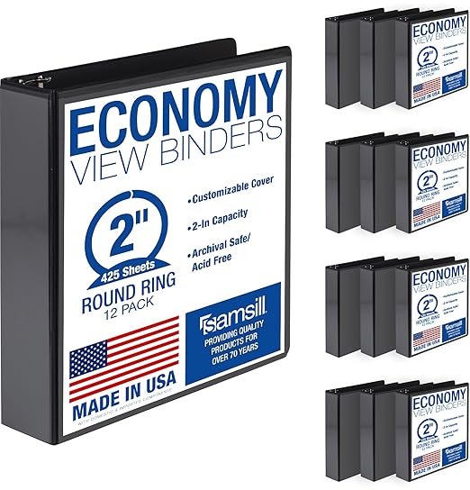 Samsill 2 Inch 3 Ring Binders, Economy Round Ring, Clear View Cover, 425 Sheet Capacity - for School, Home, Office - Black, 12 Pack