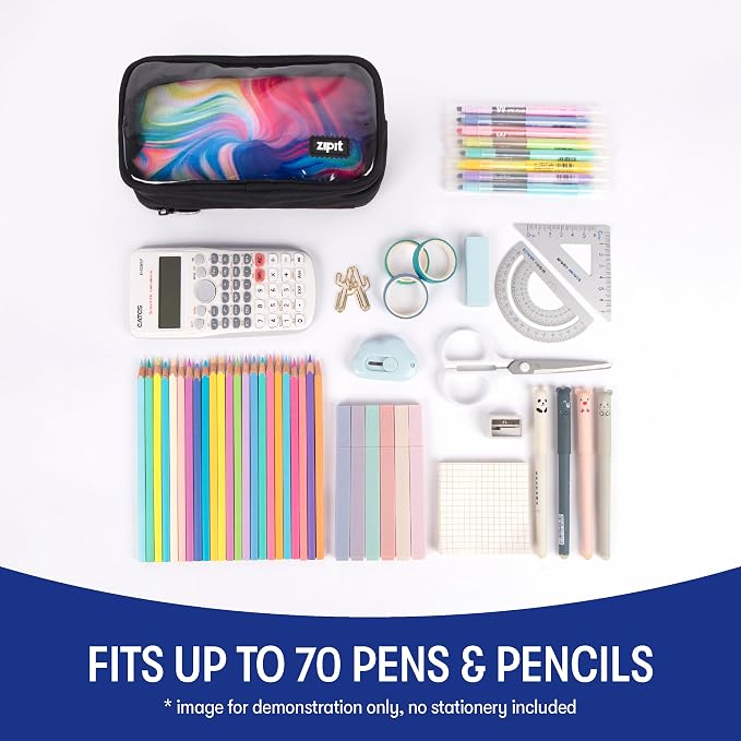 ZIPIT Half & Half Pencil Case, 3-Compartment Aesthetic Zipper Pouch, Black | Clear-front pencil case for school, dedicated organizer panels, holds up to 70 pens & pencils, durable easy-care polyester