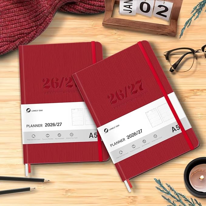 Lonely Oak Academic Planner 2026-2027, A5 Daily Weekly and Monthly Planner 5.75" x 8.4", 13 Months Faux Leather School Year Agenda from Jul.2026 to Jul.2027 for Student and Teacher (Red)