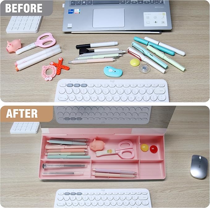 SELEAD Desktop Glass Whiteboard with Organizer & Built-in Mirror - Small Dry Erase White Board Computer Pad Keyboard Stand with Markers, Eraser, Holder for Women - Pink