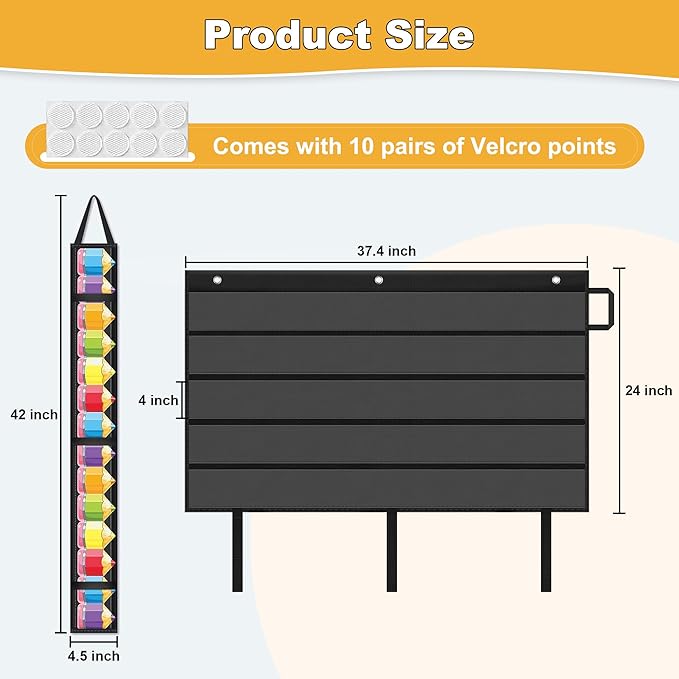 AKAYOK Foldable Bulletin Board Border Organizer with 5 Clear Pockets - Space-Saving Classroom Storage for Teachers, Homeschool & Office Supplies (37" x24" Black)