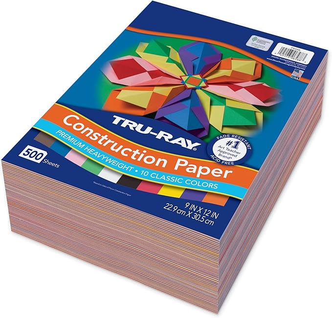 Tru-Ray (P6588-4) Heavyweight Construction Paper Bulk Assortment, 10 Assorted Colors, 9" x 12", 500 Sheets