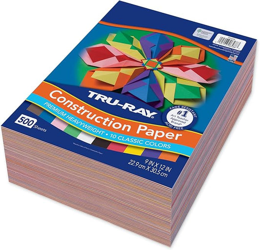 Tru-Ray (P6588-4) Heavyweight Construction Paper Bulk Assortment, 10 Assorted Colors, 9" x 12", 500 Sheets