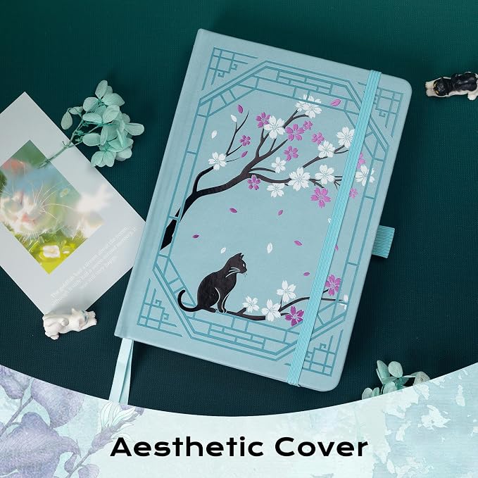 TIEFOSSI A5 Lined Journal, Cute Cat Journal for Women Girls, College Ruled Notebook with Pretty Sakura Pattern, Aesthetic Diary for Writing Journaling Drawing, Golden Edges