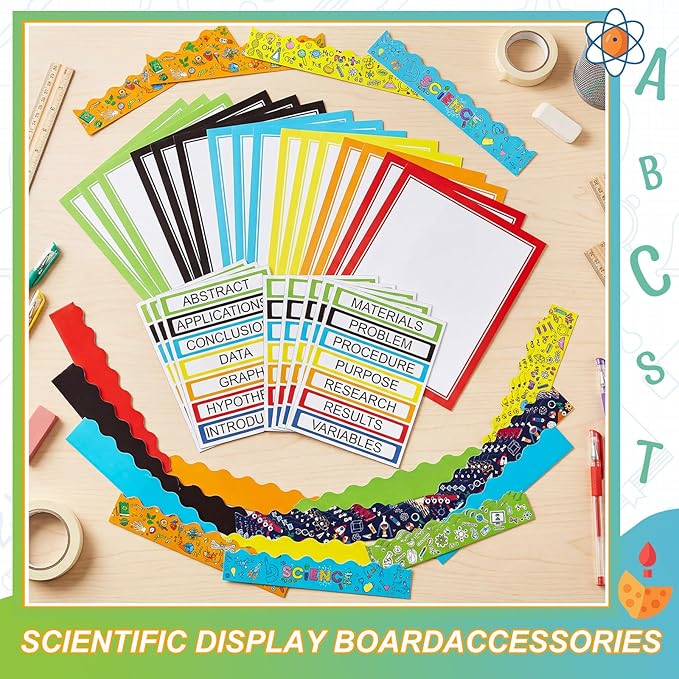 Fuyoooo 90 Pcs Science Fair Board Supplies 60 Trim Scalloped Bulletin Borders 24 Presentation Board Subtitles 6 Science Fair Titles for Classroom Display Boards (Colorful, Scientific Lab)