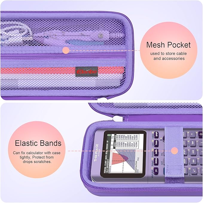 Elonbo Carrying Case for Texas Instruments TI-84 Evo Graphing Calculator, TI-84 Plus CE Evo Graphing Calculator Storage Protective Holder, Extra Mesh Pocket Fits Cable Charger, Purple