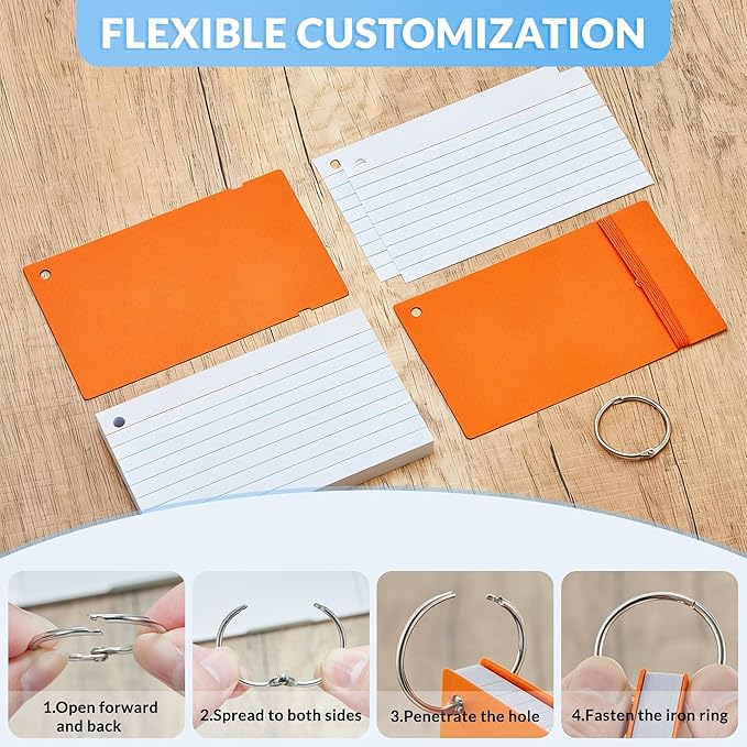 NEEWAY Ruled Index Cards with Ring 3x5 Inches, 200 Count Note Cards Lined, Flash Cards with Rings for Studying, Home and Office (Orange)