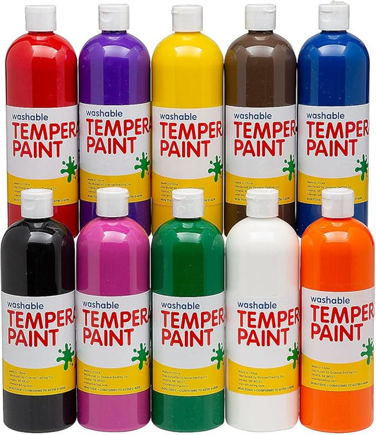 Fun Express Washable Tempera Paint Set for Kids - 10 Bright Colors in 16oz Bottles | Non-Toxic Classroom Art Supplies for Preschool, Elementary & Daycare | Bulk Painting Kit for Arts and Crafts