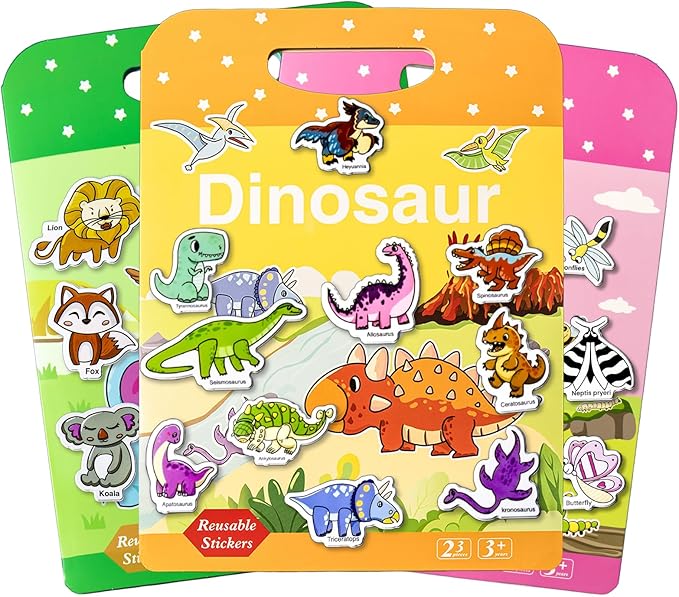 Reusable Sticker Books for Toddlers 1-3, Puffy Stickers Book for Kids Ages 2-4, Toddler Travel Essential Activities Toys for Boy Girl Birthday Christmas - Dinosaur, Animal and Insect (3 Set)