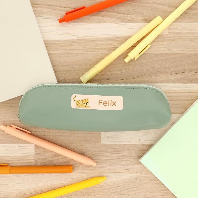 Camp Name Labels for Kids (33) – Custom Waterproof Stickers for Water Bottles, Lunch Boxes, Daycare & School with Unique Designs - Leopard