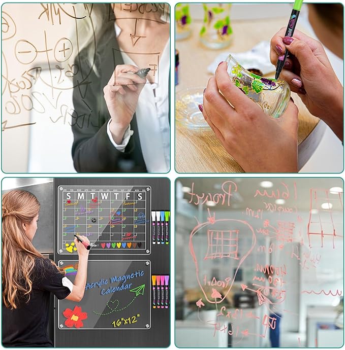 Magnetic Wet Erase Markers, Liquid Chalk Markers Ultra Fine Tip for Acrylic Calendar, Whiteboard Marker with Erasers Cap for Planning Board, Clear Glass, Low Odor Fine Tip Wet Wipe Pens, 8 Pack