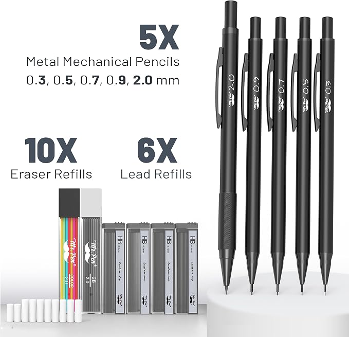 Mr. Pen- Metal Mechanical Pencil Set with Lead Refills & Erasers, 5 Pack | 5 Sizes, 0.3, 0.5, 0.7, 0.9 & 2mm, 6x Tubes HB, 2B & Colored Lead Refills for School Supplies, Note Taking, Fathers Day Gift