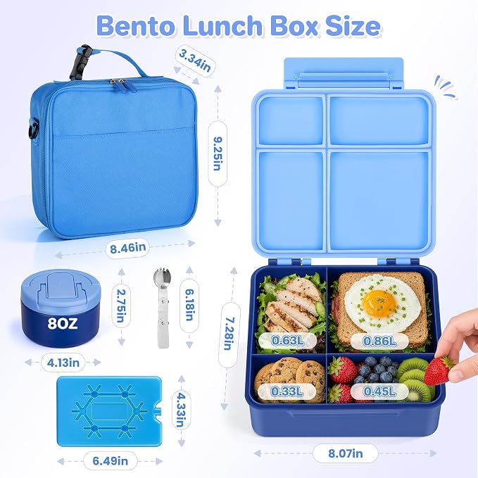 Bento Lunch Box with 8oz Soup Thermo,Kids Leakproof 4 Compartment Lunch Food Containers with Sauce Cup and Ice Pack,Kids Thermo Insulated Hot Food Jar and Lunch Bag for School,Trvael-Blue