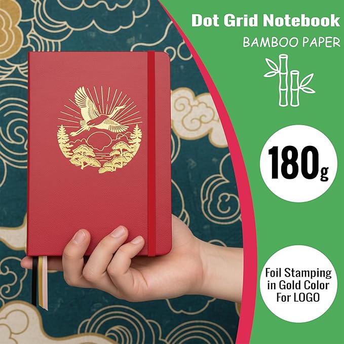 BUKE Dotted Notebook Journal 180GSM Bamboo Thick White Paper 160 Pages 5 * 5MM Dot Grid, Lay Flat Binding,Colored Silver Edges, Bookmarks and Expandable Back Pocket (BKP-6)