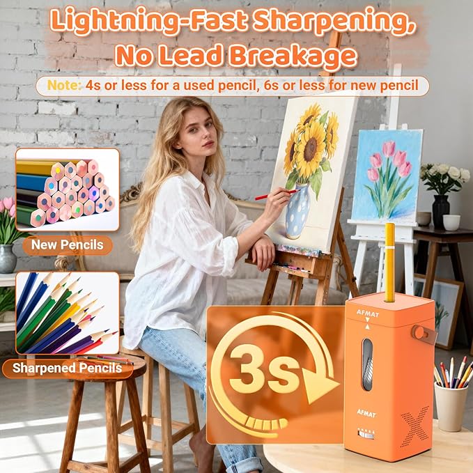 AFMAT Electric Pencil Sharpener, Fully Automatic Pencil Sharpener, Auto in & Out, Rechargeable Hands-Free Sharpeners for Jumbo & Colored Pencils (6.5-12mm), Portable for Home/Classroom/Office PSC6