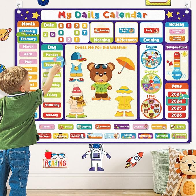 AKAYOK My Daily Calendars Felt Board for Toddlers - Classroom Calendar for Preschool & Homeschool- Circle Time Calendars & Weather Station - Kids Calendar for Preschool Learning Activity
