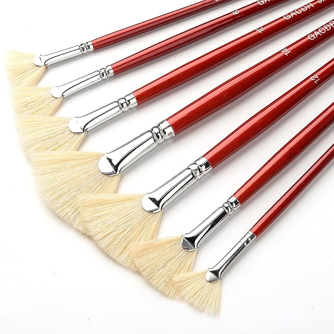 GACDR Fan Brush for Painting, 7 Pieces Fan Brush Set with Hog Bristle Natural Hair and Long Wood Handle, Professional Artist Fan Brushes for Acrylic Painting,Oil Watercolor Painting