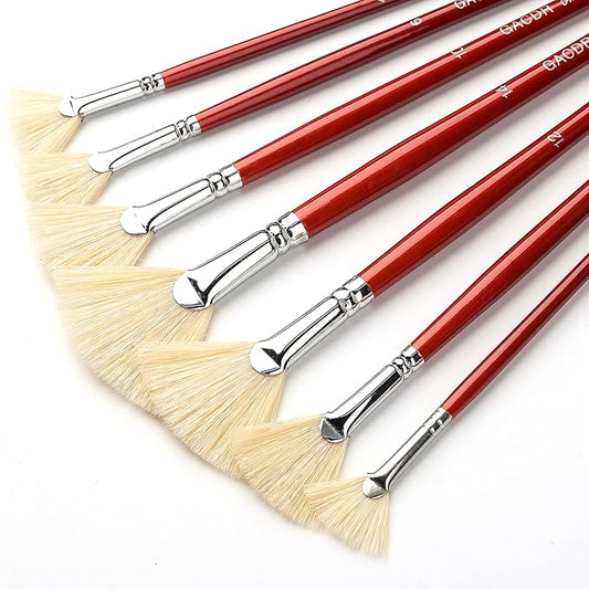 GACDR Fan Brush for Painting, 7 Pieces Fan Brush Set with Hog Bristle Natural Hair and Long Wood Handle, Professional Artist Fan Brushes for Acrylic Painting,Oil Watercolor Painting
