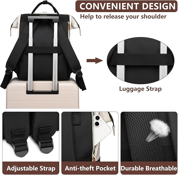 Focdod Laptop Backpack for Womem Work Bags: 18 Inch Anti Theft FashionTravel BackPacks With USB Charging Port Durable Back Pack Purse Bussiness Daypack for Nurse Teacher Beige Black Brown