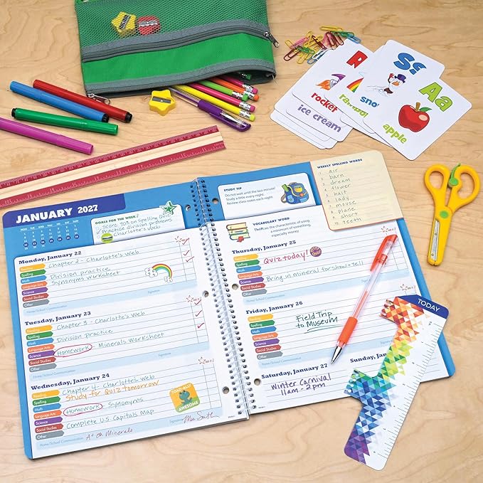 Global Datebooks 2026-2027 Elementary Student Planner 8.5" x 11" - Dated Weekly & Monthly Academic Planner with Ruler/Bookmark & Stickers, Ideal for Homework, Block Style, Teamwork