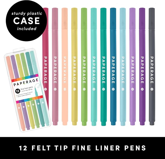 PAPERAGE Felt Tip Fine Point Pens (0.4mm), 12 Pack, Colored Pens For Journaling, Notebooks, Planners, Calendars & Drawing, Great for School, Office, & Home (Pastel)