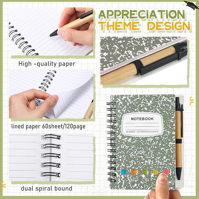 Dunzoom 24 Sets Spiral Notebook Bulk, Steno Pads Lined Notepad with Pen, Sticky Notes Colored Index Tabs, 5.2" x 4.1" Pocket Notebook for Home Business Office Supplies, 60 Sheets (Morandi)