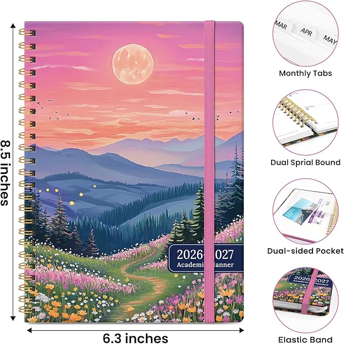 Planner 2026-2027, Hardcover Monthly and Weekly Academic Planner July 2026 - June 2027, Teacher and Student Calendar Agenda Book with Tabs, A5 (6.3" x 8.5"), Ideal for School and Office, Dreamscape Hills