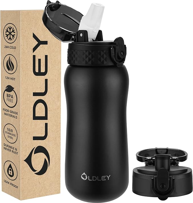 Oldley Insulated Water Bottle 12oz Water Bottles with Straw, Stainless Steel Water Bottle with 2 Lids, Double Wall Vacuum Bottels for Adults Kids, Leak-Proof Sport Bottles for School Travel, Black