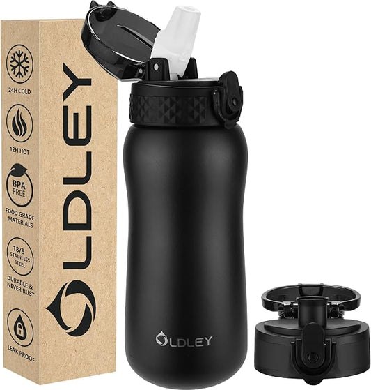 Oldley Insulated Water Bottle 12oz Water Bottles with Straw, Stainless Steel Water Bottle with 2 Lids, Double Wall Vacuum Bottels for Adults Kids, Leak-Proof Sport Bottles for School Travel, Black