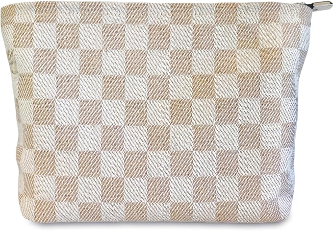 STARDW Checkered Makeup Bag Cosmetic Travel Bag, Toiletry Bag for Women | Canvas Lined Makeup Pouch for Skincare, Brushes, Toiletries & Travel Essentials, Cute Purse Organizer Pouches with Zipper